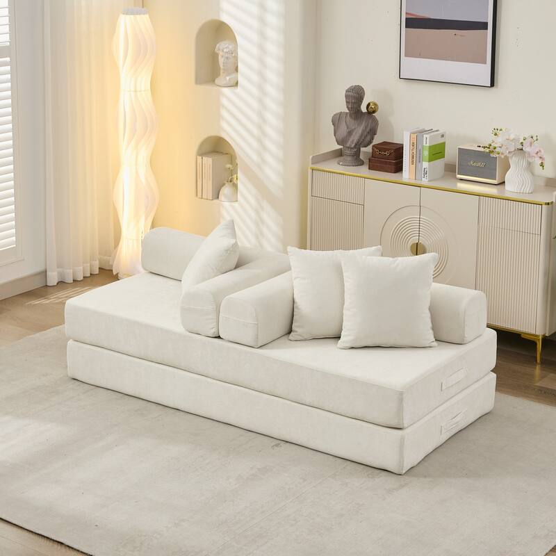 Roomfitters Convertible Folding Mattress Couch, Chenille Floor Sofa Bed with Armrest and Pillows, Lounge Couch