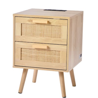 Natural Wooden Nightstand Side End Table with 2 Rattan Decorated Storage Drawers and USB Ports