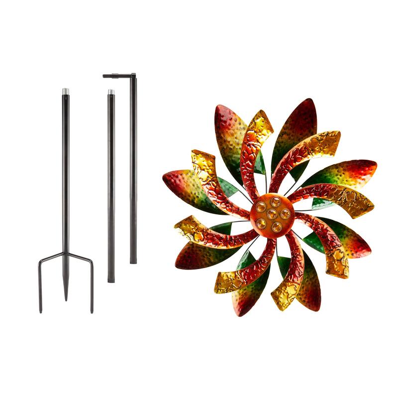 Alpine Corporation 64" Tall Floral Windmill Stake with Jeweled Kinetic Spinner, Green and Orange