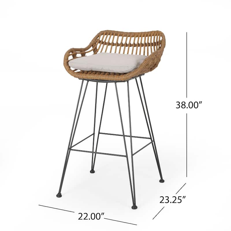 Roomfitters 2-Piece Outdoor Wicker Bar Stools, Rattan Patio High Dining Chairs with Cushions and Armrests for Balcony, Brown