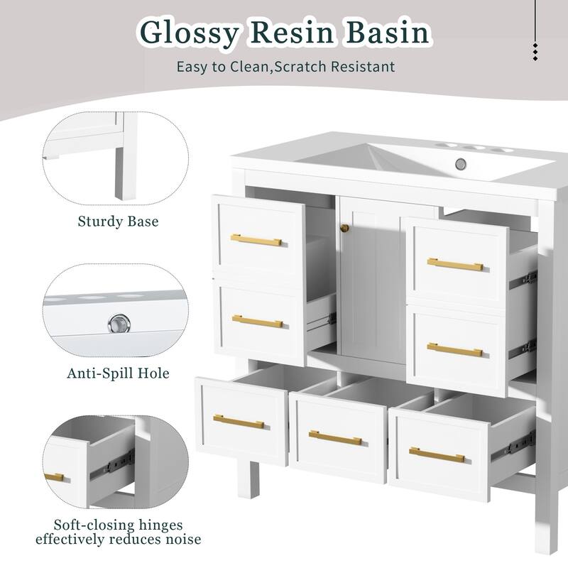 Freestanding Vanity for Bathroom with Resin Sink, Storage Cabinet with 5 Drawers, Soft Closing Doors and Gold Metal Handles