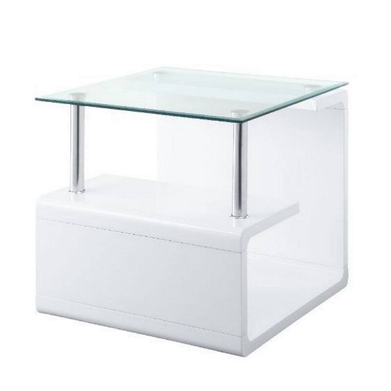 24 Inch Square Accent End Table, Glass Top, Open Shelf, White, Chrome - 24 L x 24 W x 22 H Inches - White-Chrome