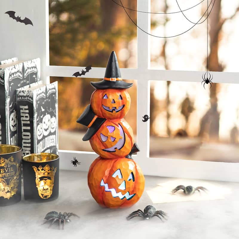 Glitzhome 14.25"H Halloween Lighted Stacked Resin Pumpkin Figurine Table Decor - Lighted Pumpkin