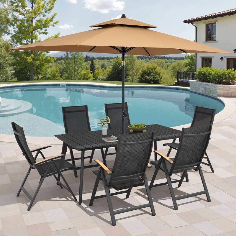 9/11-Piece Outdoor Aluminum Patio Dining Set w/10 ft Umbrella and Base, Rectangle Table and Folding Chairs - Set of 9 - Black Table with Tan Umbrella