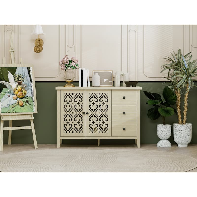 Roomfitters Hollow Carved Sideboard Buffet Cabinet with 2 Doors and 3 Drawers, Natural
