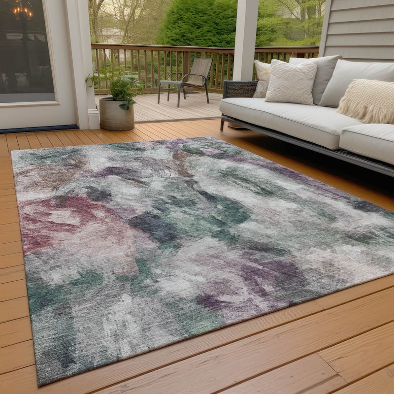 Machine Washable Indoor/Outdoor Modern Brushstrokes Chantille Rug - Green - 10' x 14'
