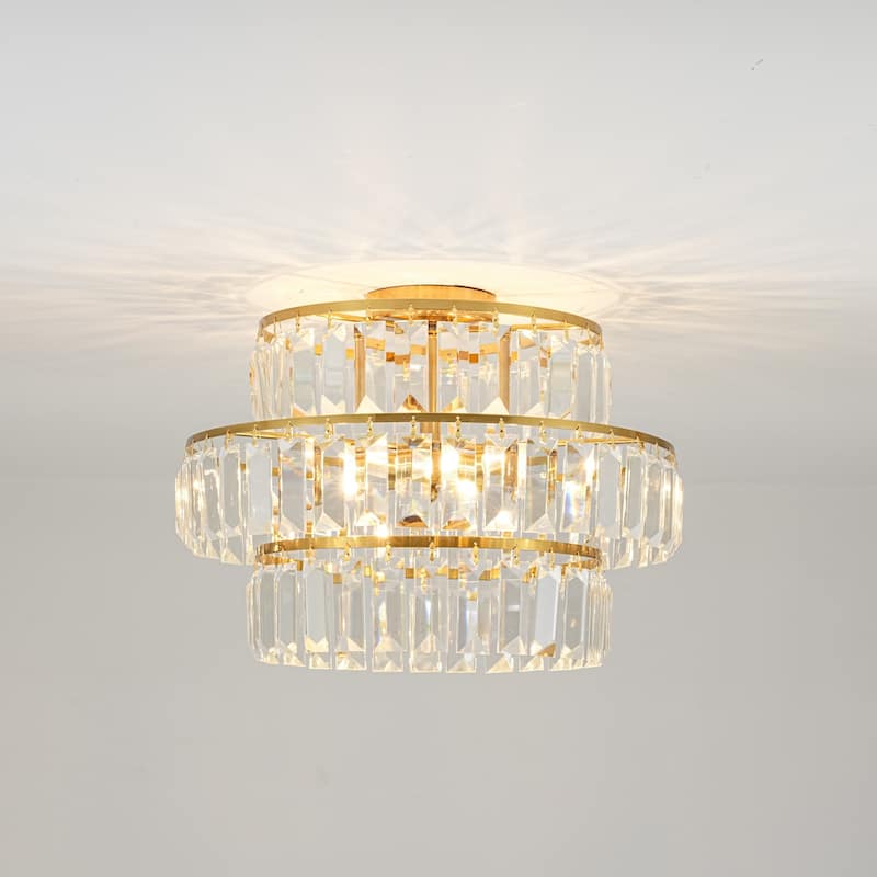 4-Light Modern 3-Tier Crystal Flush Mount Ceiling Light - Glamorous Metal Ring Ceiling Fixture for Bedroom
