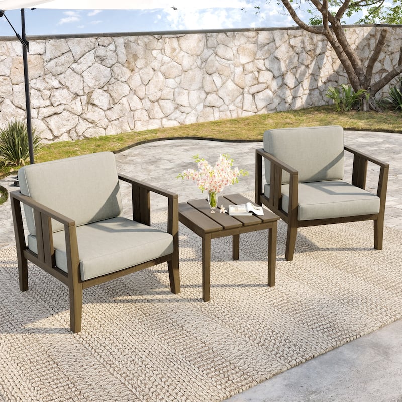 Teak Wood Upholstery Water-resistant Outdoor Armchair and Side Table Set (Set of 3)