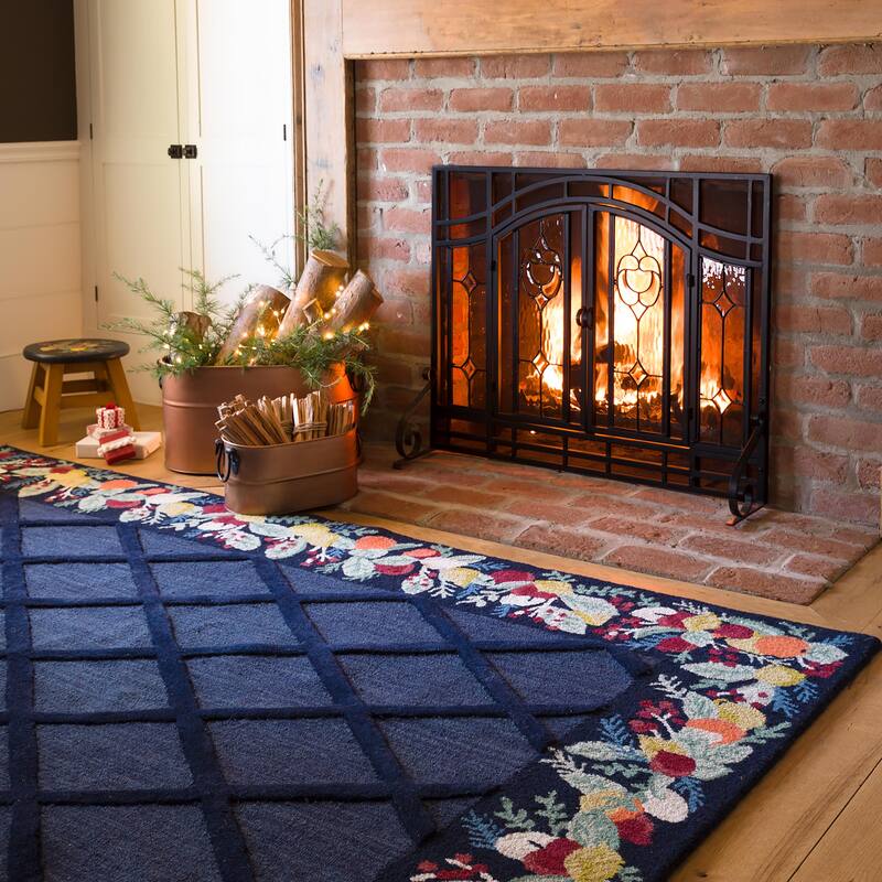 Small Two-Door Fireplace Screen with Glass Floral Panels - Black