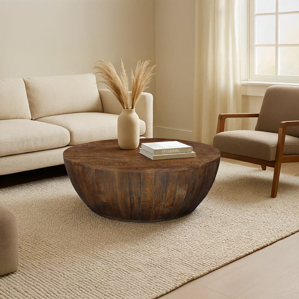 Arthur Coffee Table 35.5" Round Top Drum Shaped Sandblasted Walnut Brown Mango Wood