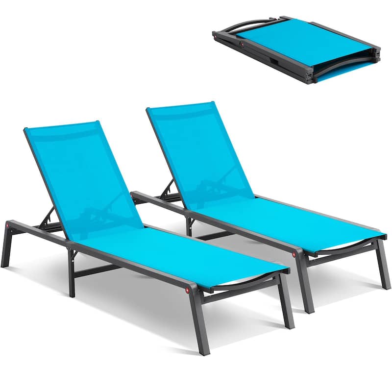 5-Position Adjustable and Foldable Chaise Lounge Chair with Aluminum Frame Perfect for Outdoor Use - 71.65" x 23.43" x 34.84" - Blue-2-Pieces