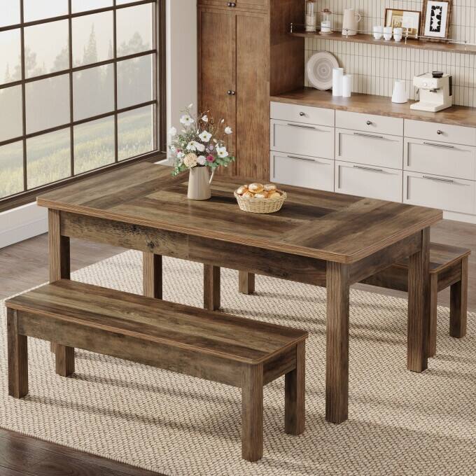 55-Inch Farmhouse Kitchen Table Set, Wood Dining Table with 2 Benches