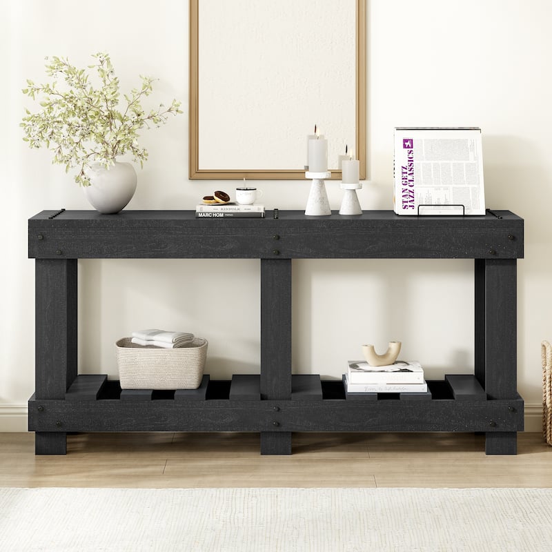 63'' Long Console Table, Entryway Display Table with Natural Wood Grain, Vintage Sofa Table w/ Bottom Shelf