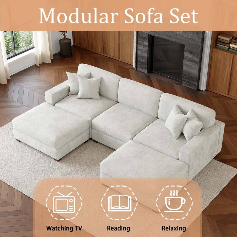 Oversized Chenille Modular Sectional Sofa Conversation Set with 2 Ottomans