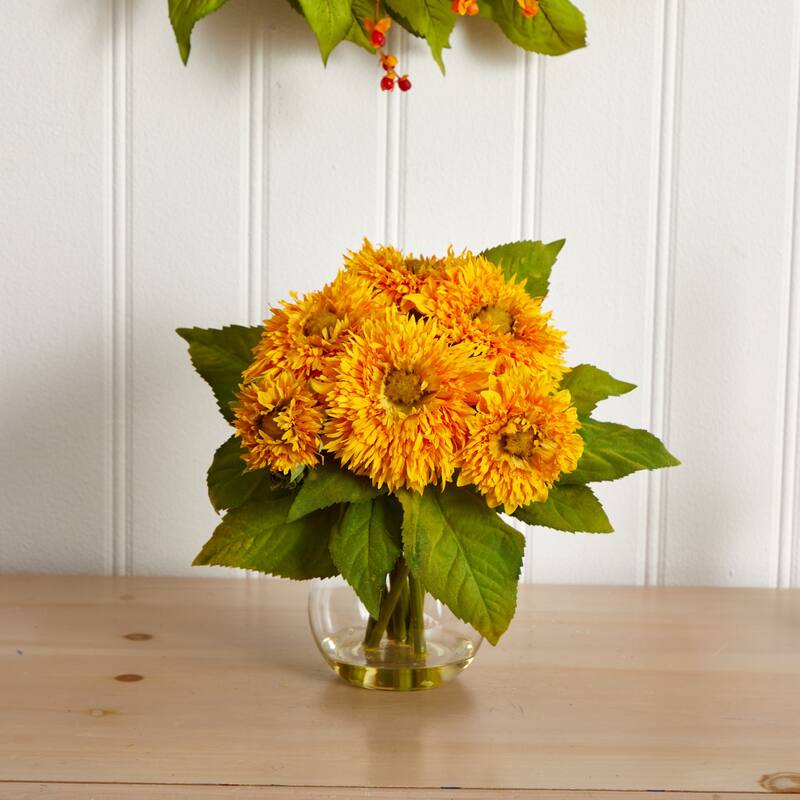 Golden Sunflower Home Decor Arrangement - Vase Accent for Table Desk Shelf Decor - 12