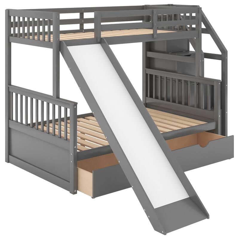 Twin Over Full Bunk Bed, Kids Bunkbed Wood Bedframe w/Slide & Storage
