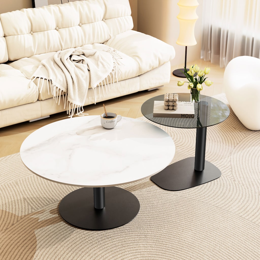 Modern Round Nesting Coffee Table Sintered Stone Tempered Glass Top - 32"x16"