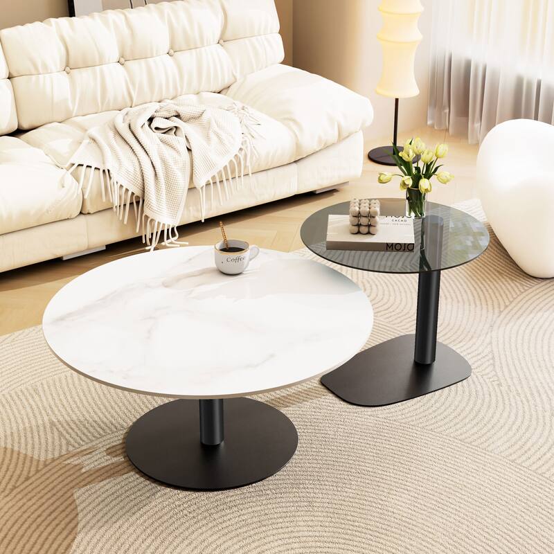 Modern Round Nesting Coffee Table Sintered Stone Tempered Glass Top - 32"x16"