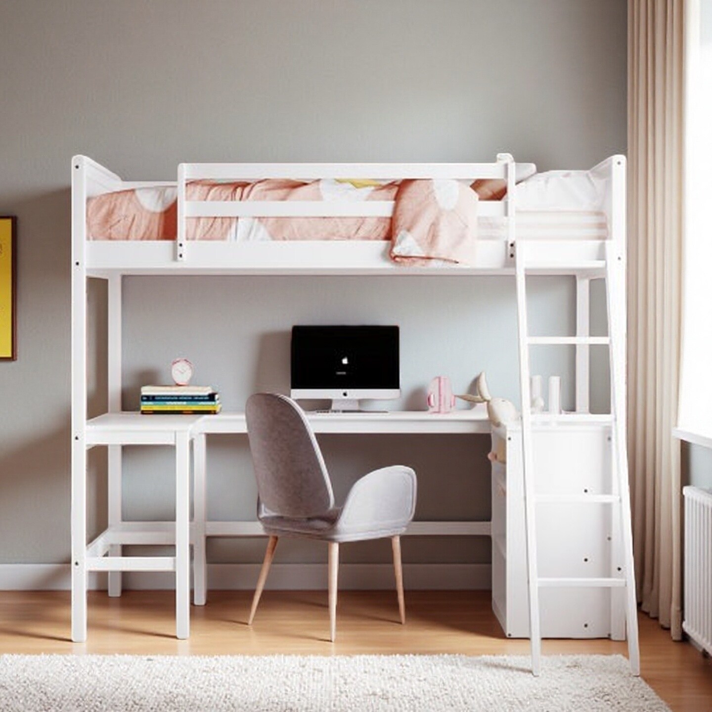 Twin Wooden Loft Bed Frame with Integrated Desk and Book Shelves, Space-Saving Study Bed with Safety Guardrails and Ladder