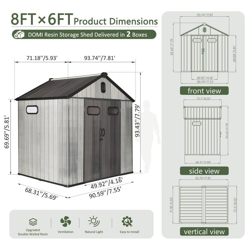 Domi Outdoor Resin Storage Shed, Waterproof Plastic Garden Shed with Lockable Door, Windows & Vents, Outside Tool Storage Shed