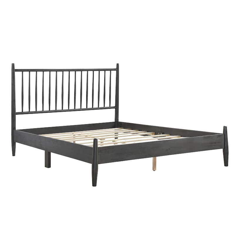 Full Size Wood Platform Bed with Vertical Slat Headboard and Mid-Century Design