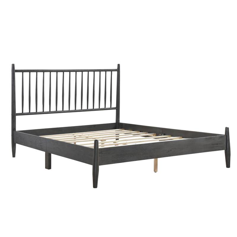 Mid-Century Modern Full Platform Bed with Vertical Slats Headboard, Gray Finish, No Box Spring Needed