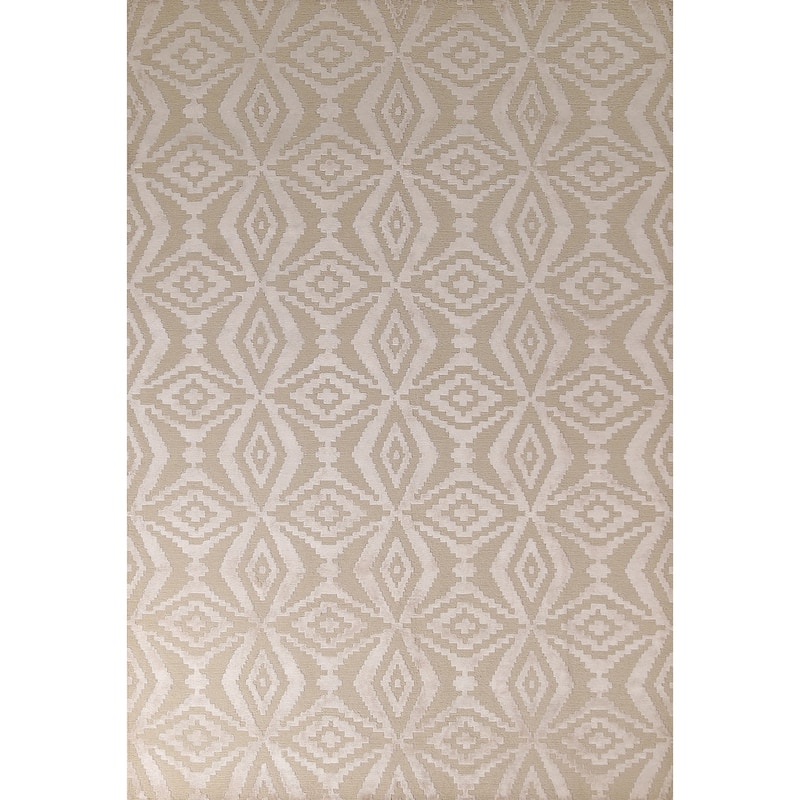 Beige Geometric Nepalese Oriental Area Rug Handmade Wool Carpet - 6'1" x 8'11"