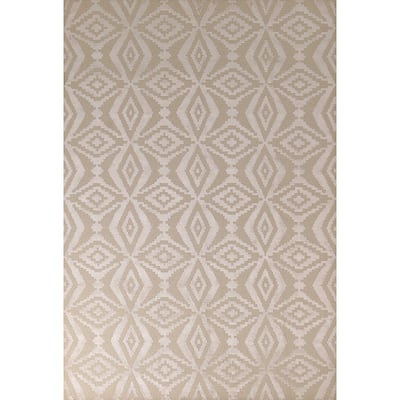 Beige Geometric Nepalese Oriental Area Rug Handmade Wool Carpet - 6'1" x 8'11"