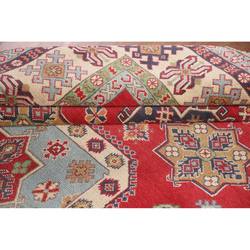 Hand Knotted Oriental 100% Wool Carpet Traditional Geometric Red Kazak Area Rug - 9' 8'' X 6' 3''