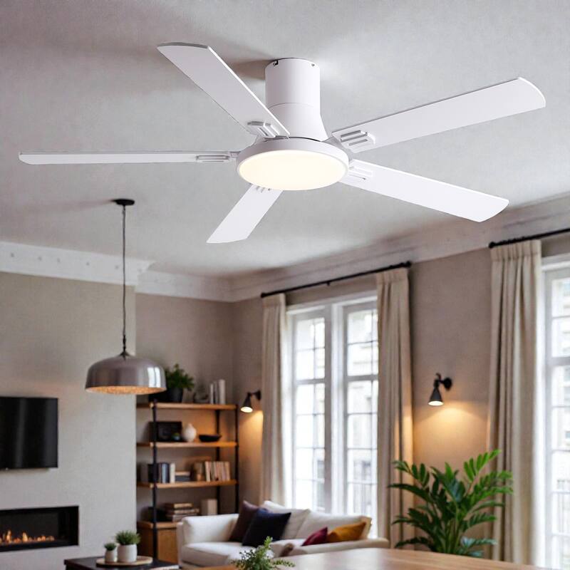 52 Inch Modern Minimalist Flush Mount Ceiling Fan with Light, Reversible DC Motor, Remote, Double-Sided Blades