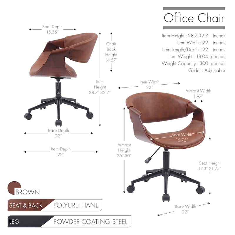 Porthos Home Elio Faux Leather Mid Century Office Chair with Black Metal Base