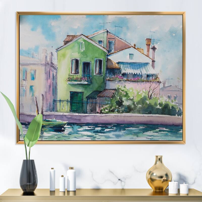 Designart "Sunny Day On The Waterfront On The Island" French Country Framed Canvas Wall Art Print - 32 in. wide x 16 in. high - Gold