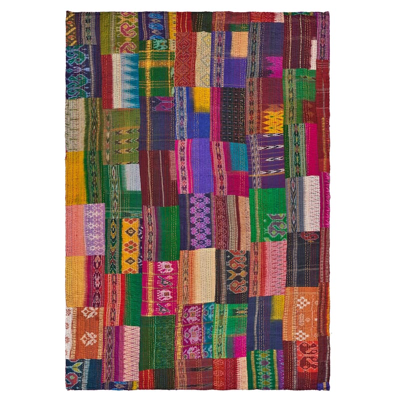 HomeRoots 70" X 50" Blue and Green Kantha Silk Patchwork Throw Blanket with Embroidery