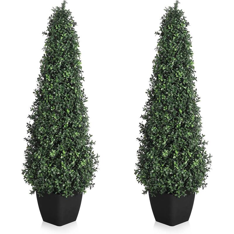 Artificial Boxwood Topiary Trees - Cone Shape Fake Plant with Modern Black Planter, 2 Pcs - 3FT - Green - 3FT