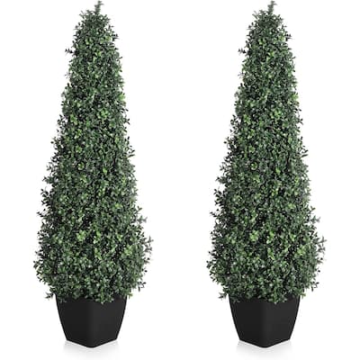 Artificial Boxwood Topiary Trees - Cone Shape Fake Plant with Modern Black Planter, 2 Pcs - 3FT