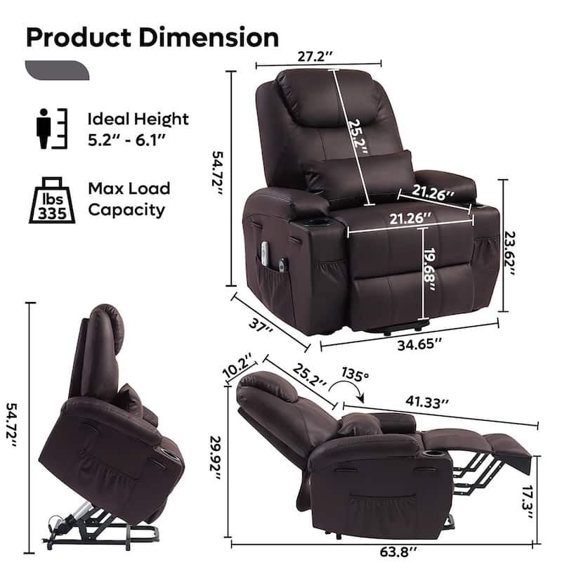 Bestier 34.6" Electric Power Lift Asist Recliner Chair with Massage and Heat,Fax Leather Reclining Chair with Side Pockets