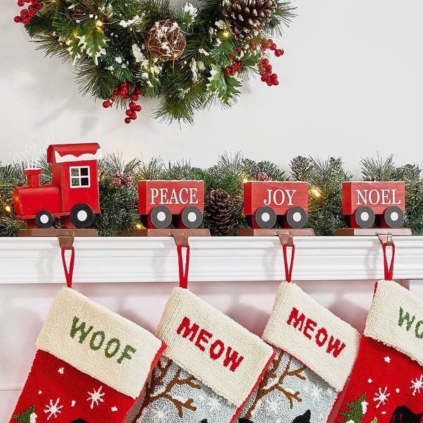 Glitzhome Set of 4 Wooden Metal Christmas Train Stocking Holder Bed