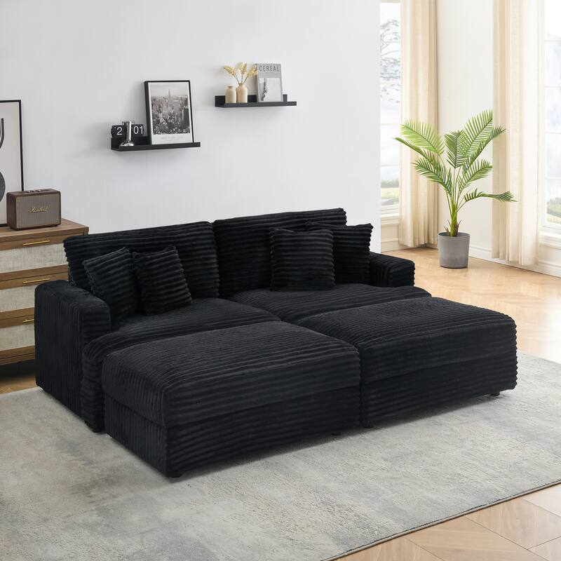 82-inch Black Corduroy Sofa with 4 Pillows and 2 Storage Ottomans