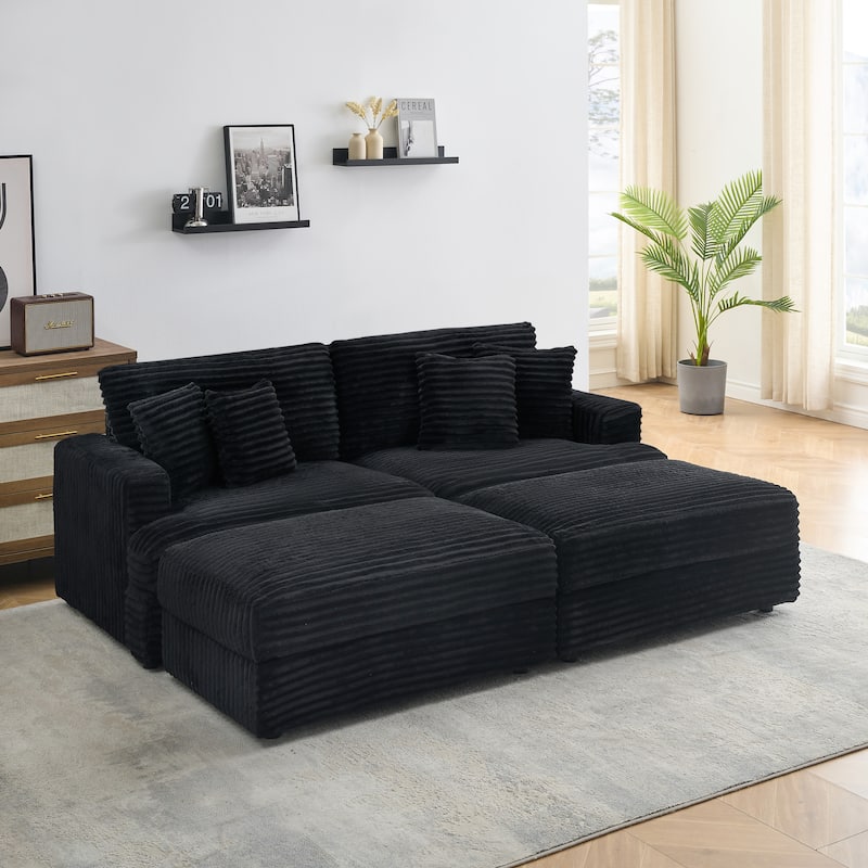 Corduroy Sleeper Sectional Sofa Loveseat Couch with 2 Storage Ottomans