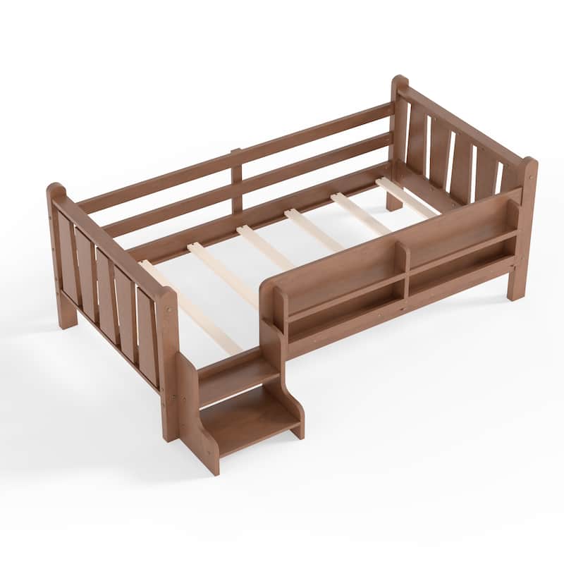 Full/Twin Floor Bed with Storage Bookcases & Cute Stairs - Solid Wood Kids Bed, No Box Spring