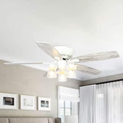 52" White Wooden 5-Blade Low Profile Ceiling Fan with Light Kit and Remote