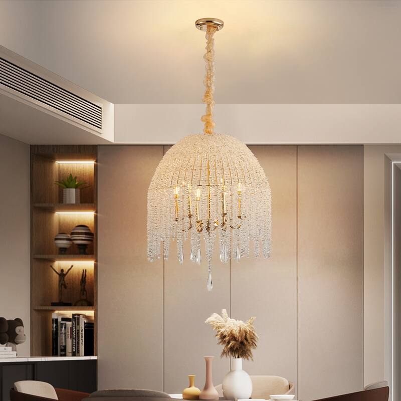 20 Inch 6-Light K9 Crystal Pendant Light Chandelier- Elegant Waterfall Design with Cascading Crystal Bead Strings - Gold
