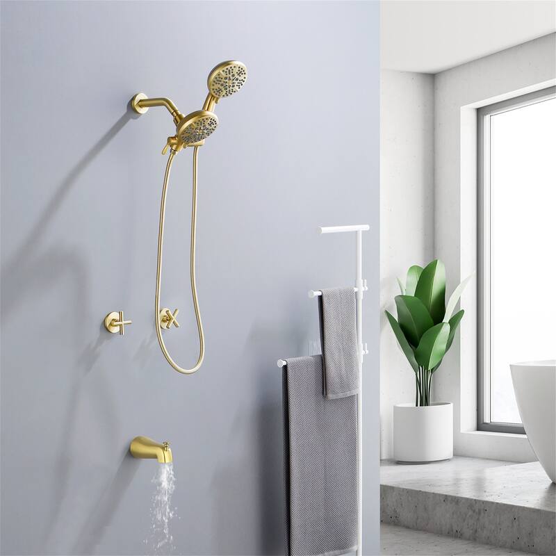Wall Mount Tub and Shower Faucet with Hand Shower Brass Dual Head Complete Wall Mounted Shower System with Valve