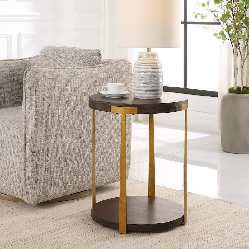 2-Tier Round Wooden Side Table - 24" - Brown and Gold