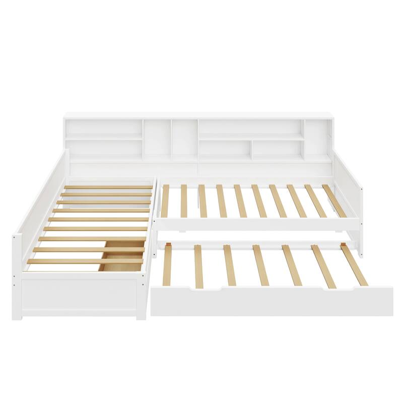 3-in-1 Bookcases Daybed L Shape Corner Sofa Bed Frame Wood Captains Bed with Underbed Trundle and Storage Drawer, Space-Saving