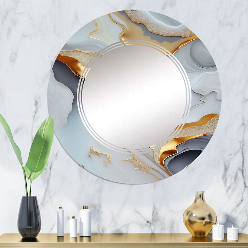 Designart 'White And Gold Marble Abstract IV' Printed Modern Transitional Wall Mirror - 32in.x32in.