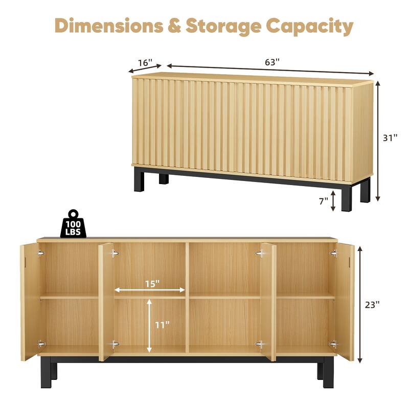 Pocassy 63" Buffet Cabinet with Storage 4 Fluted Doors