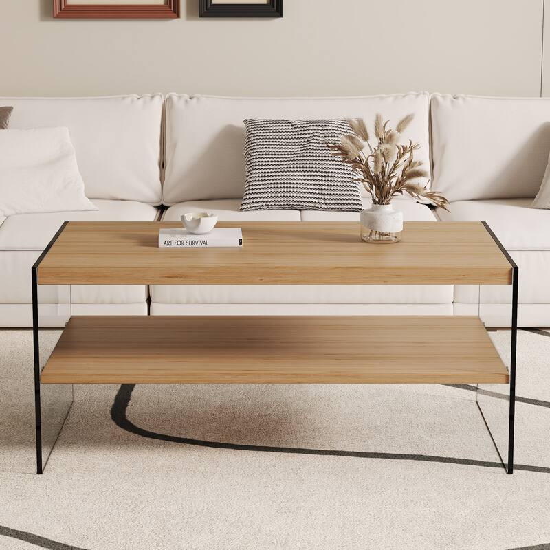 43.3" Modern Rectangular Coffee Table with Tempered Glass Legs and Storage Shelf