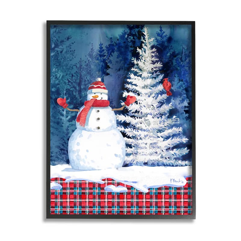 Stupell Winter Snowman on Plaid Framed Giclee Art Design by Paul Brent - 24 x 30 - Black