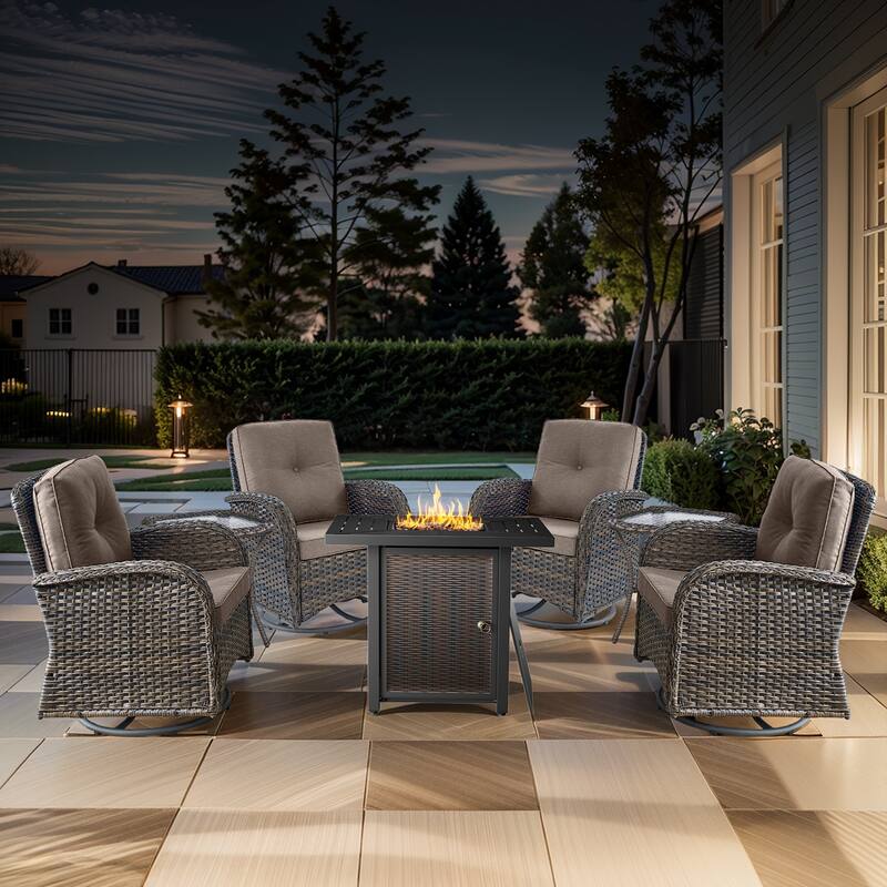 Outdoor Chairs with Fire Pit Table Set - Brwon Wicker Grey Cushion - 7PCS Swivel Chair Table w/ Fire Table